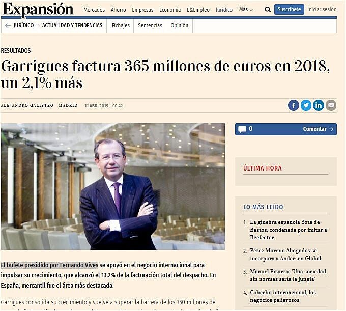 Garrigues factura 365 millones de euros en 2018, un 2,1% ms